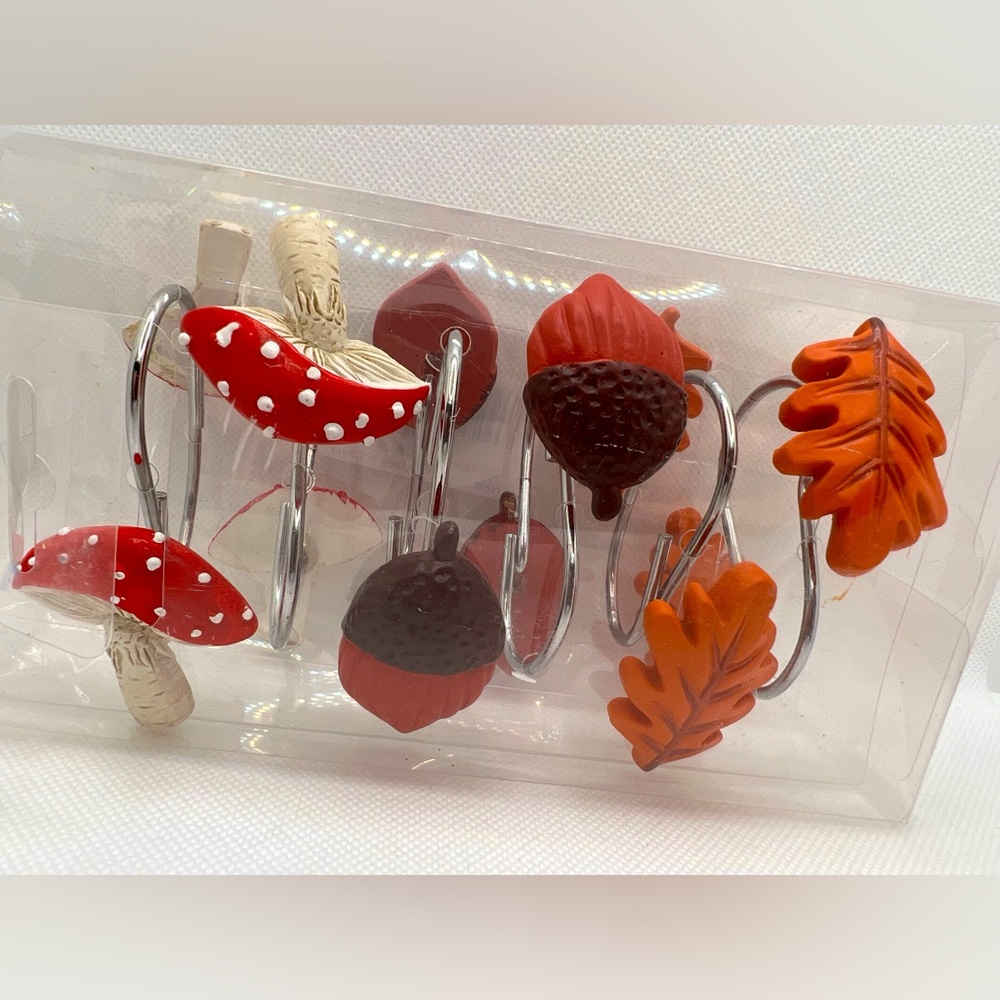 Shower Curtain Hooks Hangers Autumn, Mushrooms, Acorns, and Leaves New Set Of 12